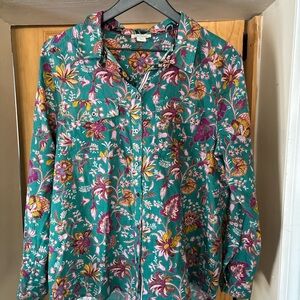Sundance Floral Joy Women’s Long Sleeve 100% Cotton Blouse,Spring, Teal, L
